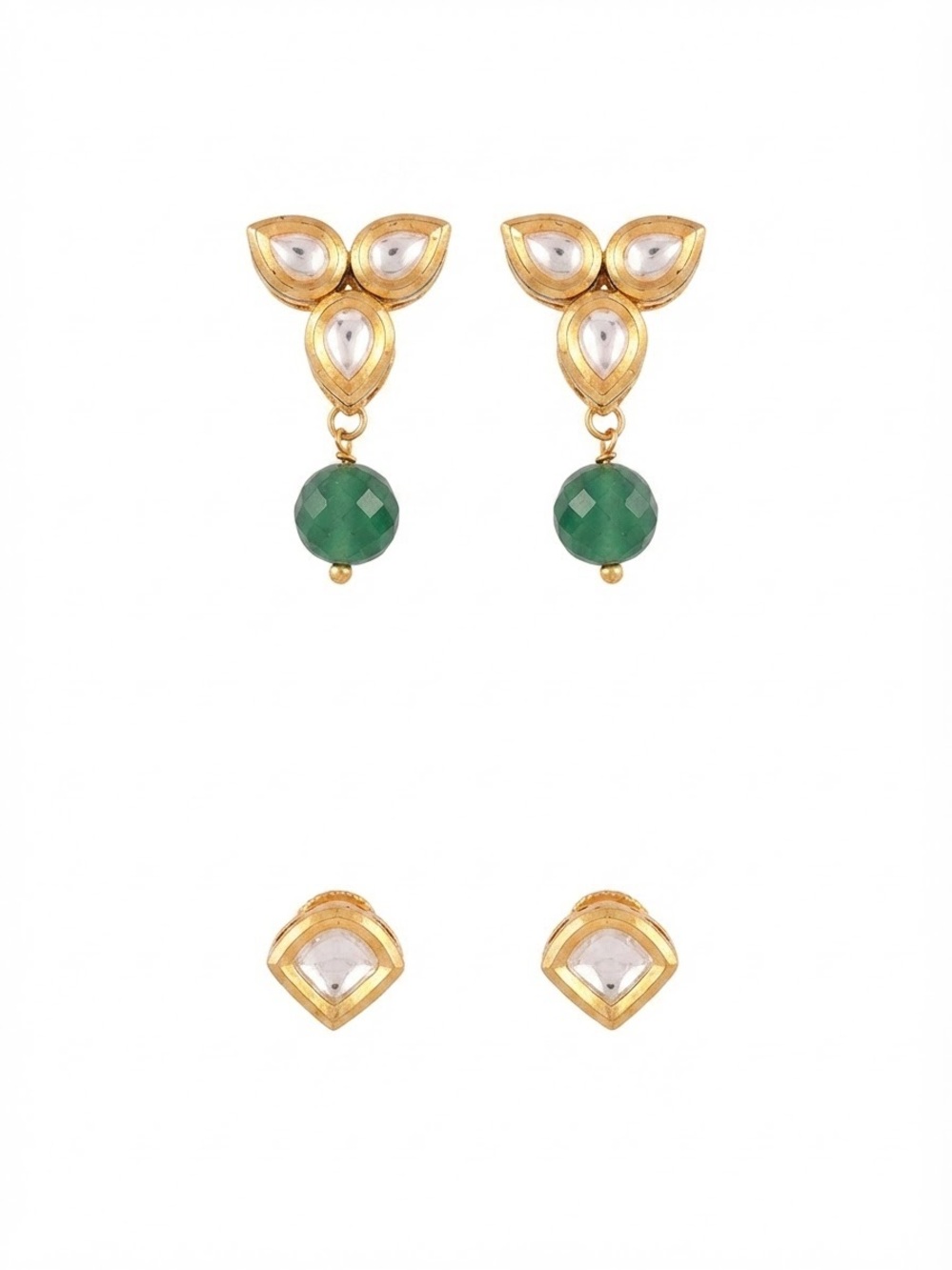 Gold and Green Kundan Drop Earrings - Women Jewelry 2 piece set